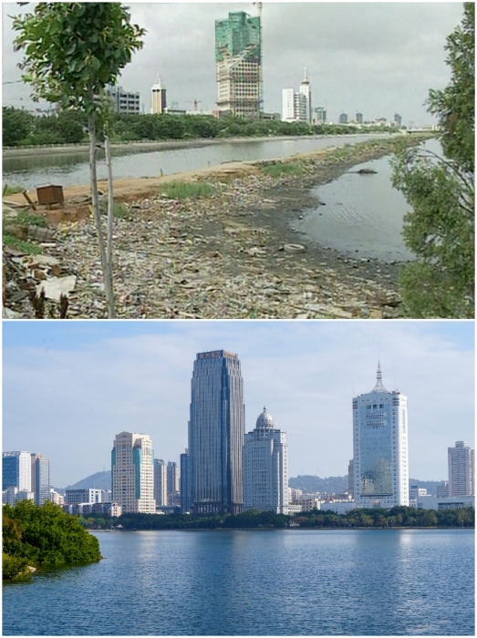上圖：筼筜湖治理前資料圖。下圖：筼筜湖如今的美麗風(fēng)光。人民網(wǎng)記者 吳超嵐攝