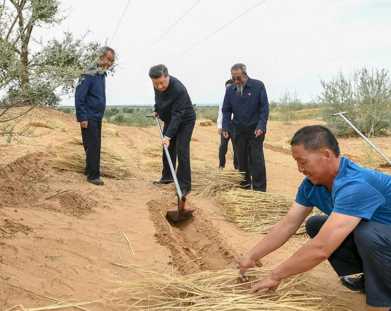 2019年8月21日，習(xí)近平來到甘肅省武威市古浪縣八步沙林場，實地察看當?shù)刂紊吃炝?、生態(tài)保護等情況。新華社記者 謝環(huán)馳 攝