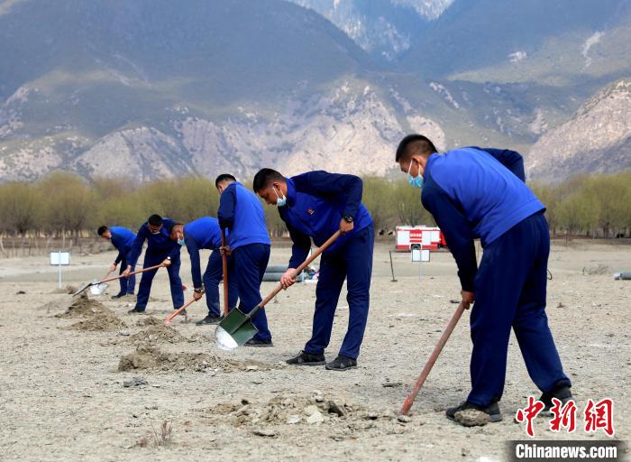 林芝市巴宜區(qū)森林消防中隊志愿服務(wù)隊正在揮鍬鏟土?！∥骼@拉翁 攝